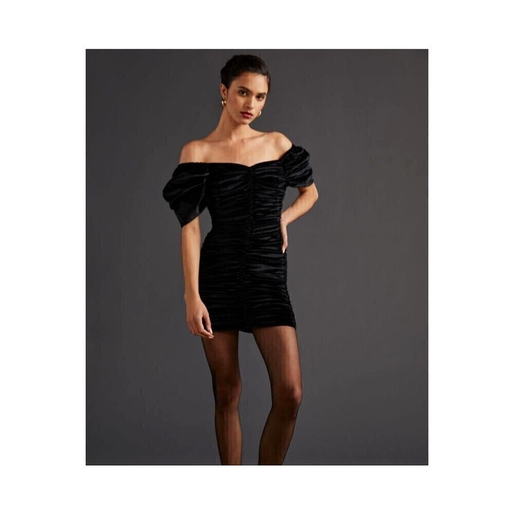 Anthropologie Black Off-Shoulder Ruched Mini Dress